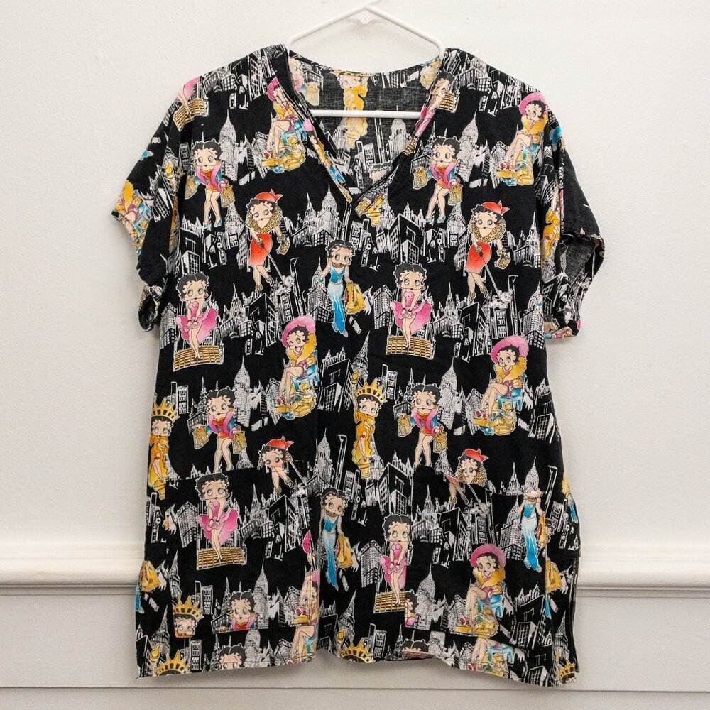 Betty Boop NYC Nurse Scrub Top Medium Black Cartoon Print V-Neck Unisex Shirt